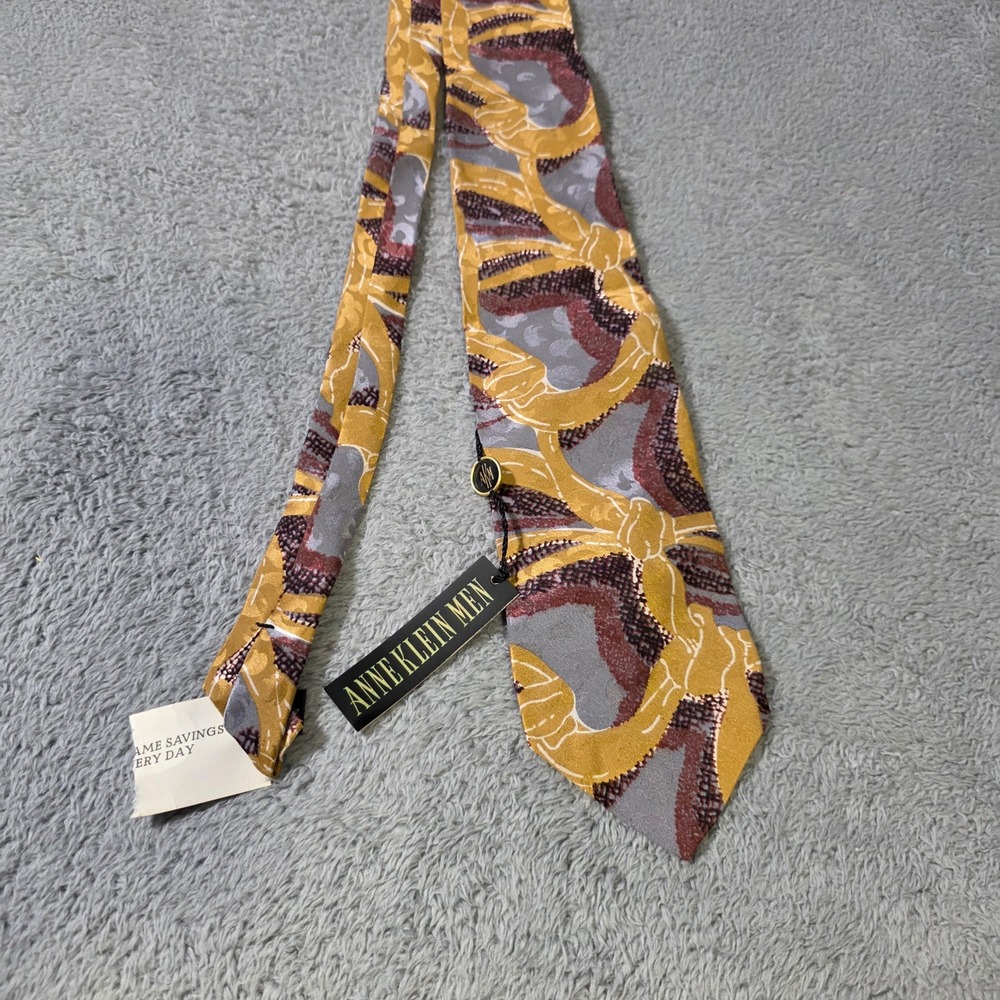 Anne‎ Klein Men OS Necktie Gold Grey Burgundy Abstract Geometric Silk Hand Made